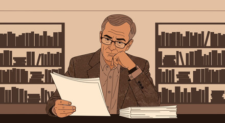 Serious Professional Reviewing Documents in Library with Bookshelves Surrounding Him