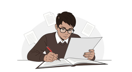 Serious Student Deeply Concentrating on Writing with Documents and a Textbook