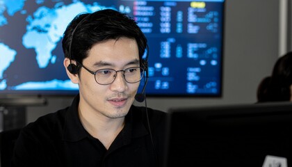 A male with eyeglasses and a headset, focused and working, with a monitor screen in front of him. A map is visible in the background