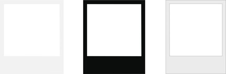 Obraz premium Realistic empty photo card frame, film set. Retro vintage photograph with transparent adhesive tape and paper clip. Digital snapshot image. Template or mockup for design. Vector illustration.