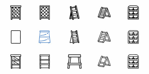 Depiction of various storage and access solutions including shelves and ladders in a simple design