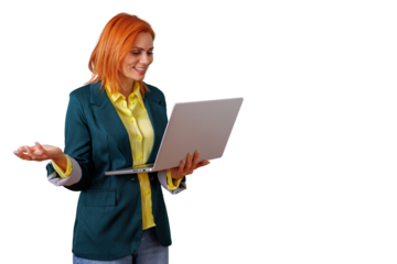 Professional woman smiling, presenting with laptop, engaging in a virtual business meeting or online discussion