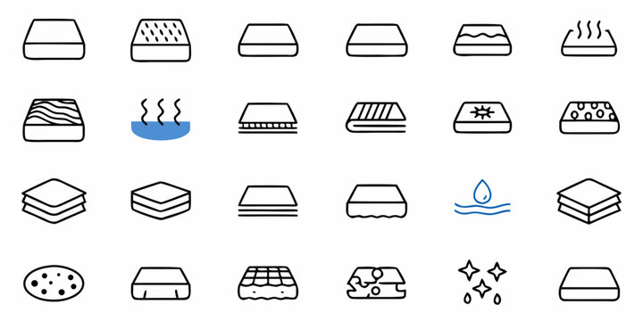 Collection of various mattress types and textures, including memory foam and waterbeds in simple line art
