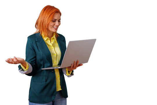 Professional woman smiling, presenting with laptop, engaging in a virtual business meeting or online discussion