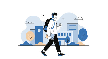 Student Listening Music While Walking Toward His College In Trendy, Modern Illustration