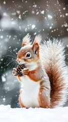 Obraz premium Squirrel holding pine cone in snowy forest during winter snowfall while enjoying a peaceful moment outdoors