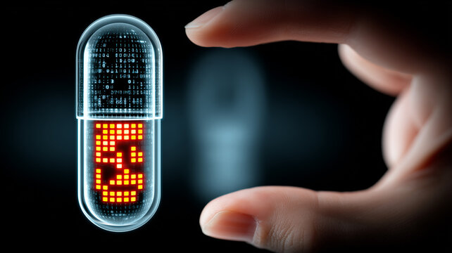 Smart medicine capsule with digital readout symbolizing connected therapeutics, adherence tracking and data driven healthcare.
