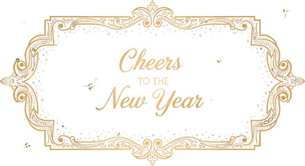 Elegant cheers to the new year greeting card with gold frame on dark blue background