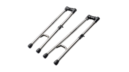 A pair of durable silver crutches featuring rubber tips for stability on a transparent background.