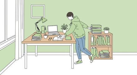 Student's Creative Space Shows Workspace, Books, And A Laptop With A Relaxing Green Interior
