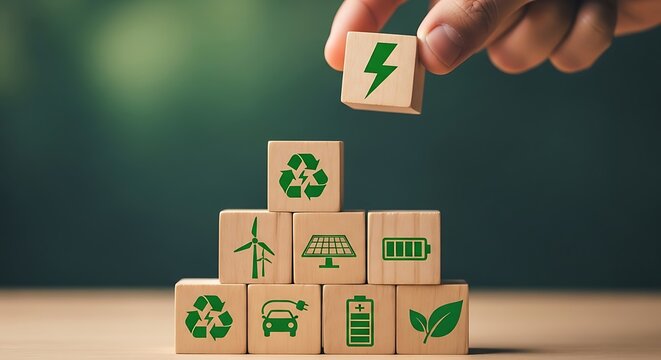 Hand stacking wooden blocks with green energy symbols, representing renewable power and sustainability - Powered by Adobe
