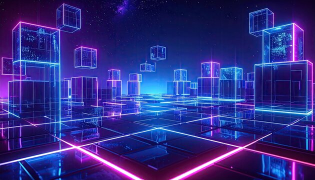 Futuristic Neon Grid Cityscape Digital Abstract Art with Glowing Cubes.