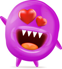 Vector cartoon funny violet monster with heart eyes isolated on white background. Silly monster print sticker design template. Cute Ghost, troll, gremlin, goblin, devil and Halloween character