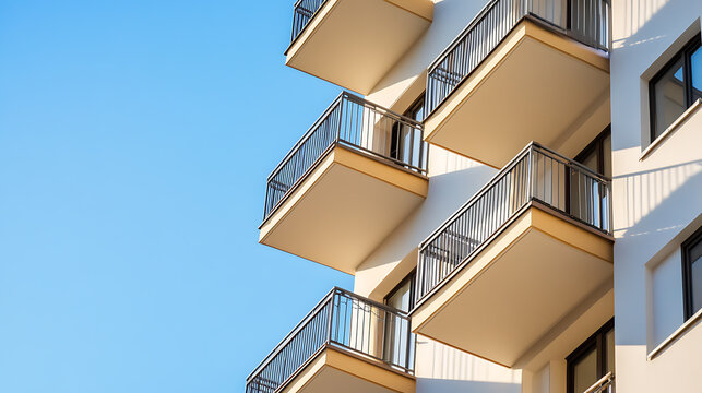 Sunlit balconies jut from a modern building against a clear blue sky. The composition is clean and architectural, highlighting symmetry and design elements in this construction.
