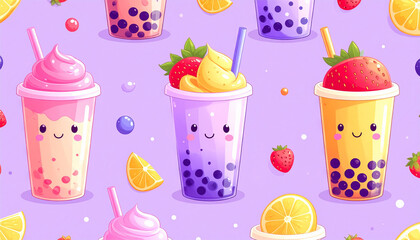 A seamless vector pattern of bubble tea cups with colorful tapioca pearls, cute straws, and fruit toppings