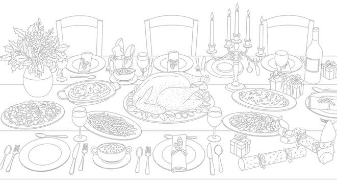 Festive thanksgiving dinner table illustration with turkey and holiday decorations - Powered by Adobe
