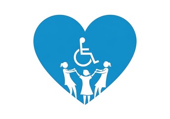 Blue heart with white silhouette of three girls holding up a wheelchair accessibility symbol, representing love and support for people with disabilities