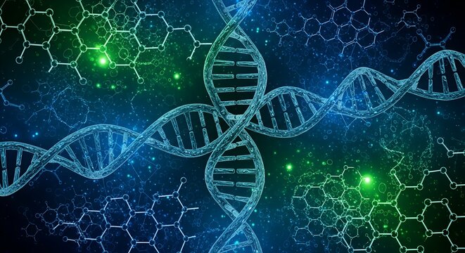 Abstract glowing dna molecules and hexagonal structures in a futuristic science and technology concept
