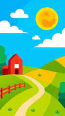 Naklejka premium Cartoon farm landscape with barn and winding path