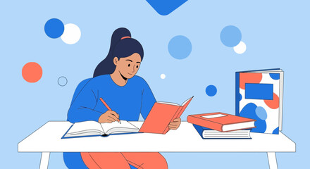 Woman At Desk Pursuing Knowledge And Study, Reading And Writing Effectively