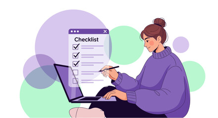 Woman Completing Checklist Online, Using Laptop for Tasks, Modern Graphic Illustration