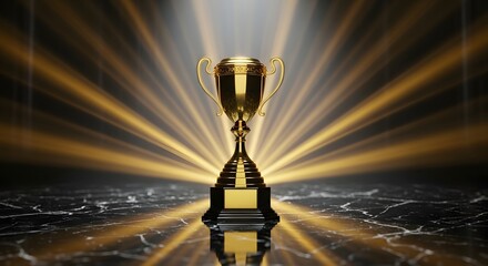 Golden trophy cup on dark marble podium with radiating gold light beams background
