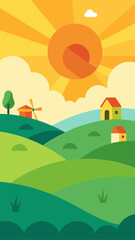 Obraz premium Cartoon landscape with hills and houses under sun