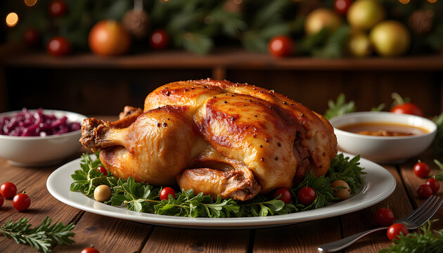 Roasted goose on festive Christmas table with apples and red cabbage, celebration