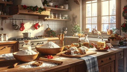 Festive kitchen interior with holiday baking ingredients and Christmas decorations, evoking warmth