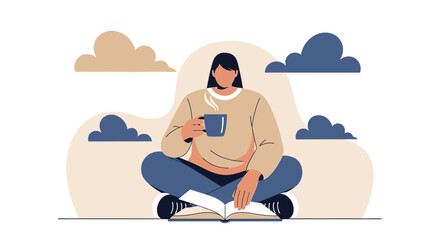 Woman Enjoying Coffee While Reading Opens A Book With Clouds in the Background