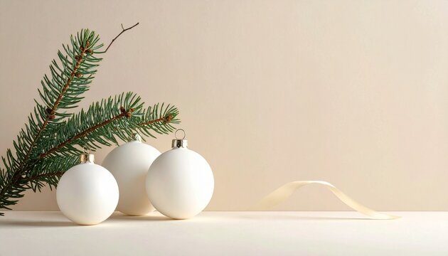 Minimalist Christmas composition with white ornaments, pine branches, and geometric beige platforms, evoking elegance, balance, and seasonal serenity.