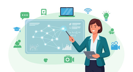 Woman Expert Presenting Infographic Information With Online Wireless Connections Technology
