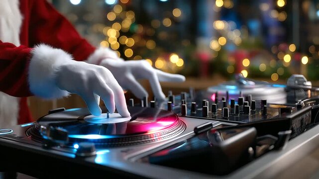 Close-up of Santa&rsquo;s white-gloved hands spinning a record on a glowing mixer, warm bokeh reflections of party lights, faceless, with copy space.