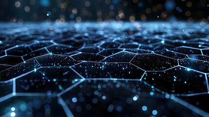 Futuristic Blue Network Technology Background with Sparkling Light Points and Hexagonal Design