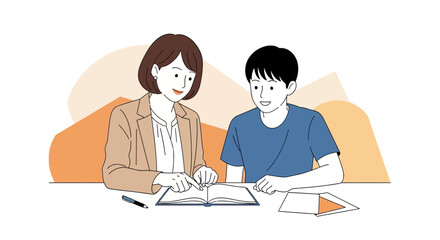 Woman Guides Young Male Student During Study Session Focused on Education Concepts