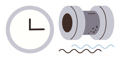 Clock indicating time and a pipe with wavy lines symbolizing flow or process. Ideal for productivity, scheduling, operations, process flow, time efficiency, workflow planning, simple flat metaphor