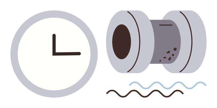 Clock indicating time and a pipe with wavy lines symbolizing flow or process. Ideal for productivity, scheduling, operations, process flow, time efficiency, workflow planning, simple flat metaphor