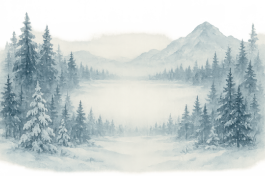 Winter landscape painting showing snow covered pine forest, distant mountains and a frozen lake with transparent top and bottom edges