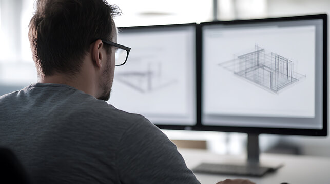 Architect at work: Man designs building blueprint on dual monitors. Creative professional focused on architectural plans in modern office setting. Project development.