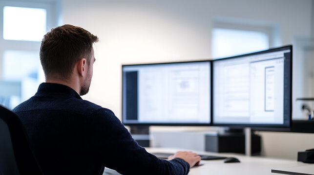 A focused man works on dual monitors at a clean, modern office desk, showcasing productivity and digital workspace efficiency with natural light streaming in.