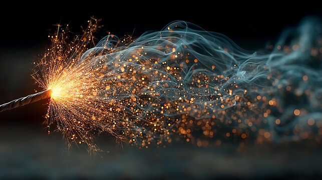sparkling light ignited by torch, warm brown and black tones, abstract bokeh background, dynamic illumination,