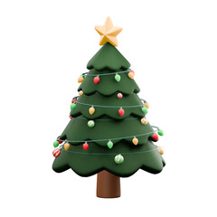 Christmas tree 3d icon decorated with garlands, colorful baubles, and a star on top on a transparent background.