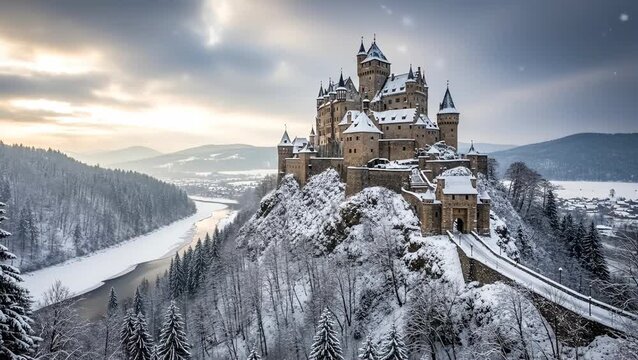 Ancient stone castle standing high on snowy mountain hill under cloudy sky.