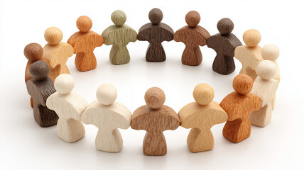 Circle of wooden figures arranged together, representing teamwork, mutual support and collaborative community.
