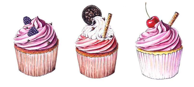 Watercolor illustration of three delicious cupcakes with frosting, decorated with berries, cookies, whipped cream, cherry, and wafer sticks. Perfect for bakery menus, dessert packaging, card - Powered by Adobe