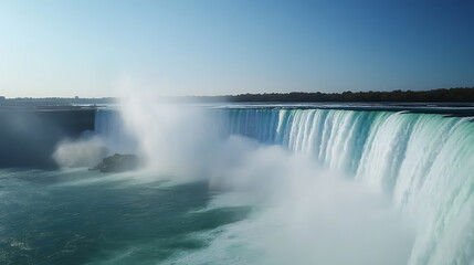 Majestic waterfalls cascade with power, their turquoise waters churning into a mist, against a clear blue sky. A display of nature's beauty and raw force. The falls are wide and grand.