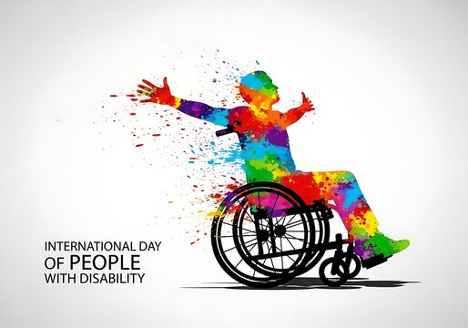 Vibrant abstract colorful silhouette of a person in a wheelchair exploding into paint splatters, celebrating international day of people with disability