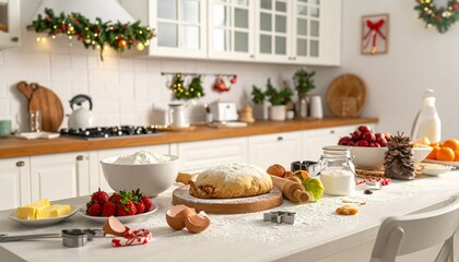 Festive kitchen interior with holiday baking ingredients and Christmas decorations, evoking warmth