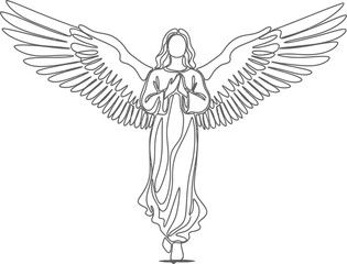 Elegant angel with outstretched wings in a minimalist continuous line drawing