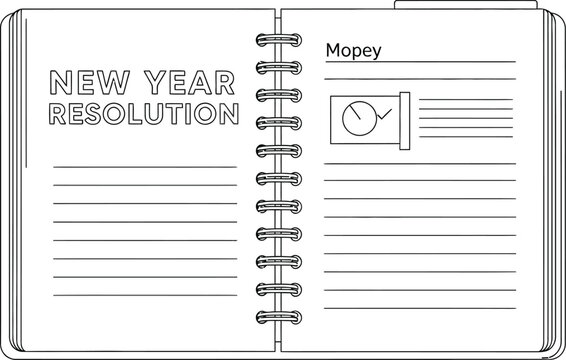 New year resolution notebook open with mopey written on the page divider tab